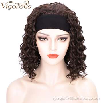 Vigorous Curly Synthetic Wigs for White Women Mixed Brown Colors African American Wigs Short 3/4 Half Wigs with Headband